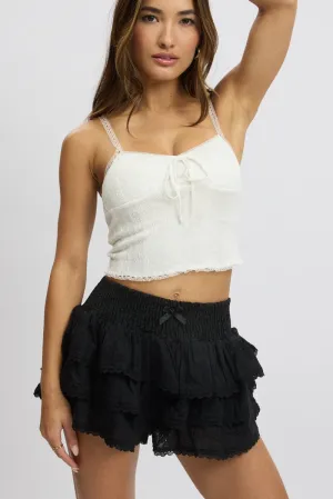 Quick Access Cargo Pockets Black Ruffle Shorts Lace Trim
