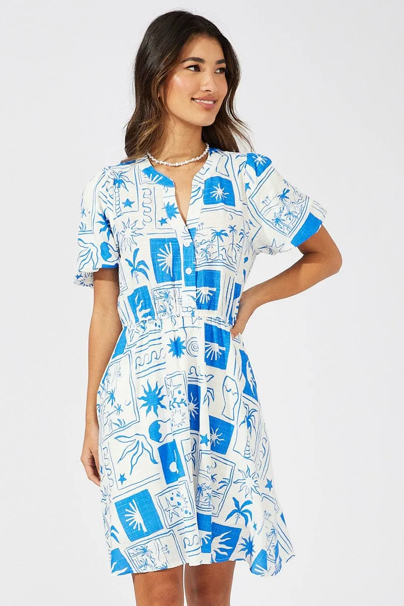 Blue Abstract Shirt Dress Short Sleeve Tiered Warm Fit