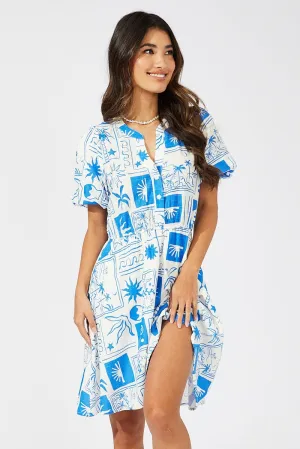 Blue Abstract Shirt Dress Short Sleeve Tiered OrganicCotton Lounge Wear