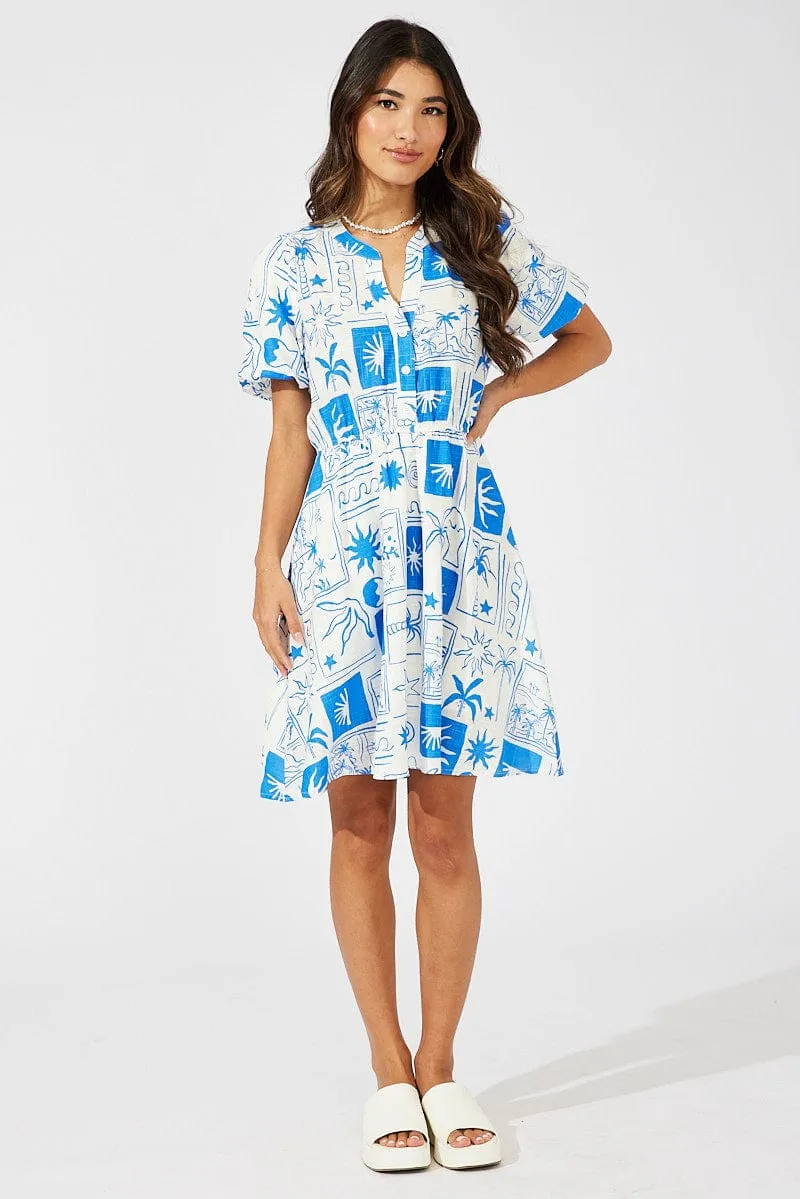 Blue Abstract Shirt Dress Short Sleeve Tiered Organic Ease OekoTexCertified