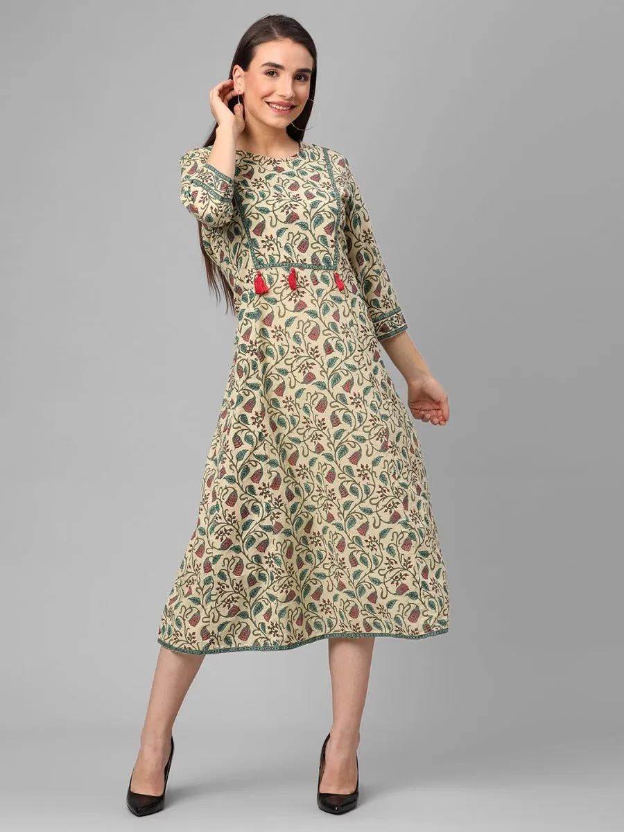 Beige Multi Floral Printed Dress SlipResistantHem