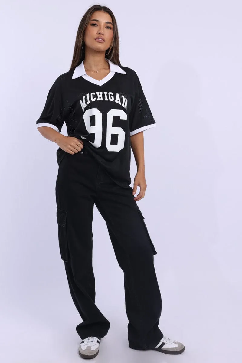 Chic and Cozy Non Restrictive Cut Black Sport Tee Collar Short Sleeve