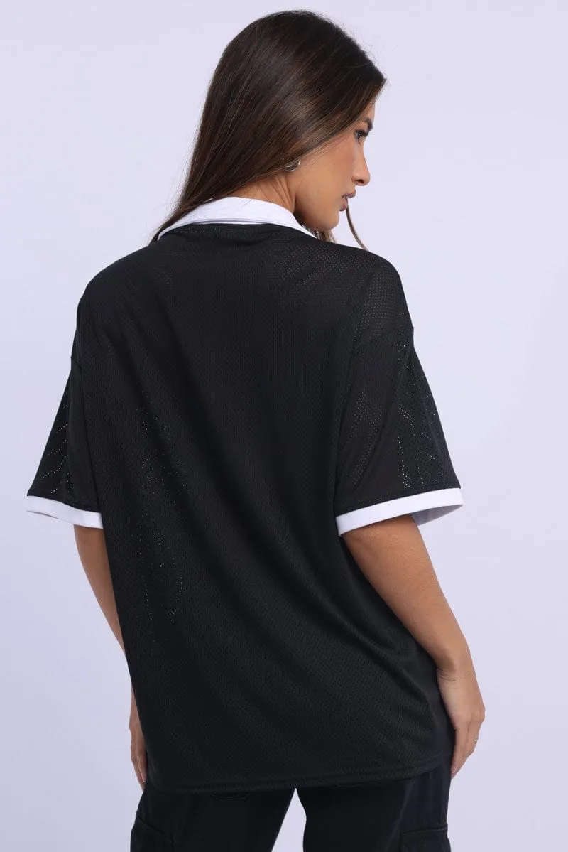 Recycled Polyester Thread Black Sport Tee Collar Short Sleeve