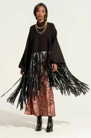 teens' Neutral Colors CITY GIRL FAUX LEATHER FRINGE SWEATSHIRT IN BLACK