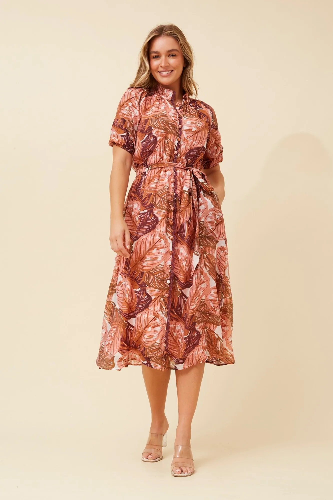 Fashion Statement Young Professional GENEVA LEAF PRINT MIDI DRESS