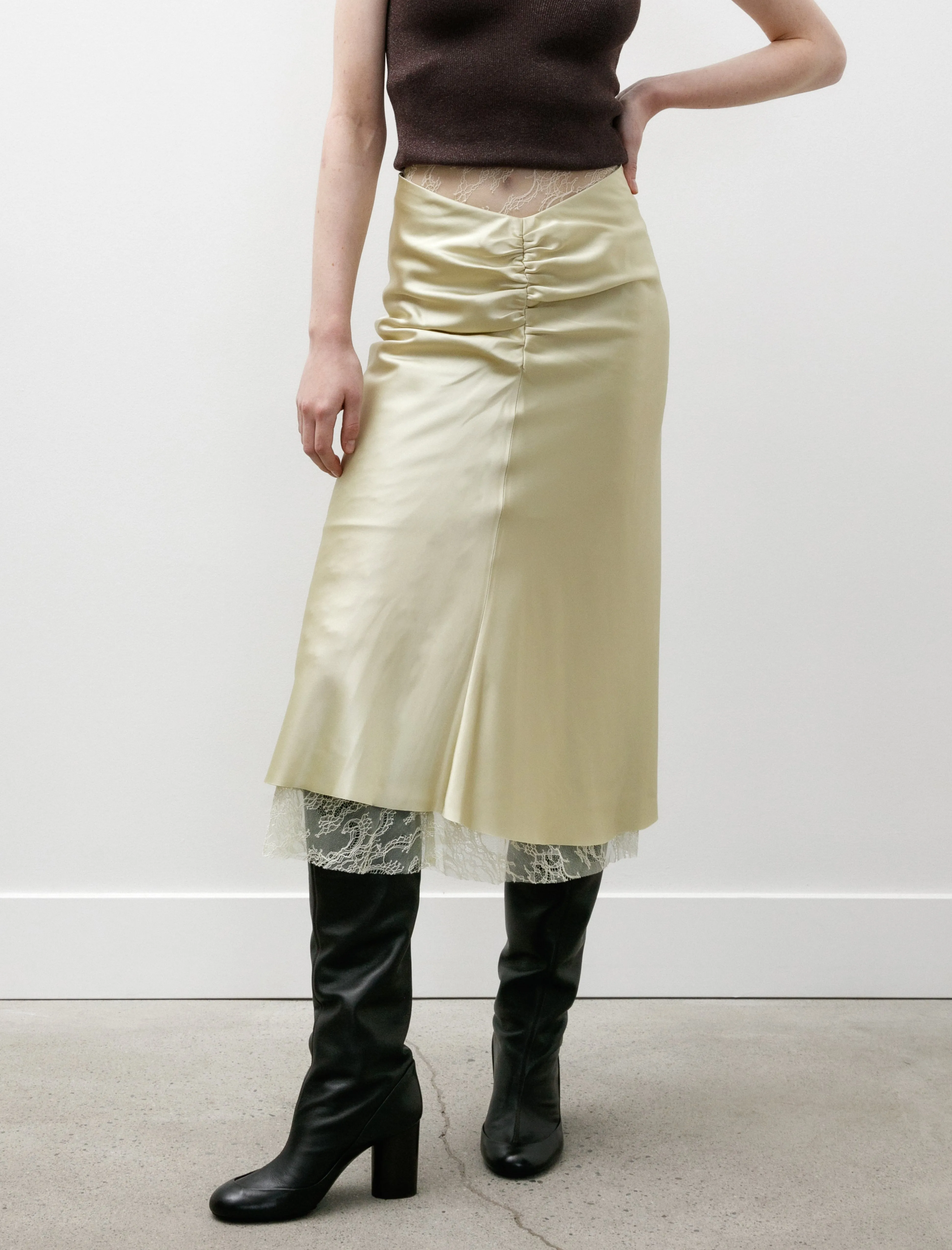 Satin Midi Skirt Vanilla Yellow Leg Elongating