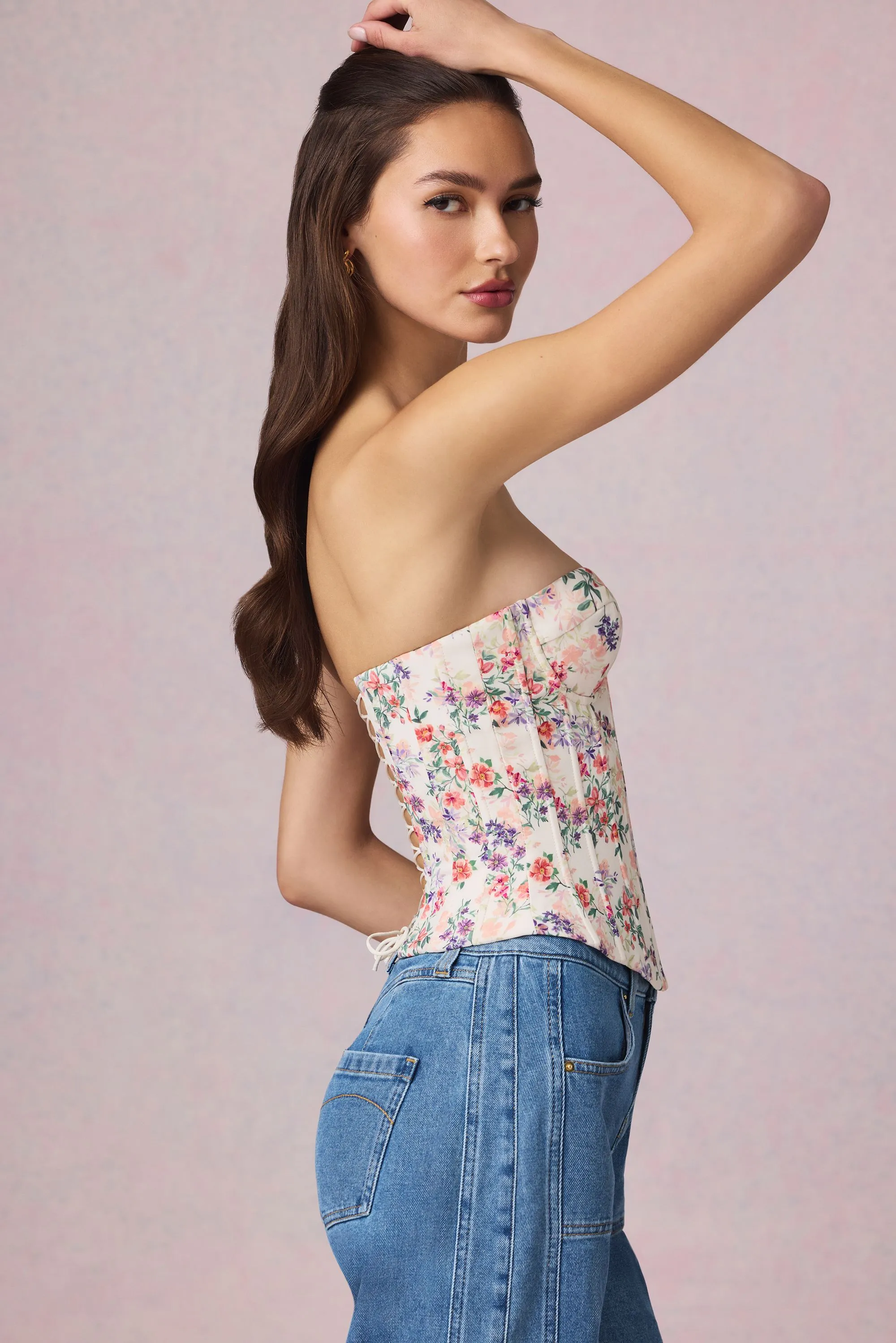 Full-Length Lace-Up Corset Top in Primrose Floral Print Everyday Outfit SoftTouchFinish