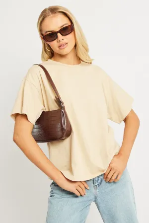 Beige Oversized T Shirt Short Sleeve Crew Neck SoftTouch Texture