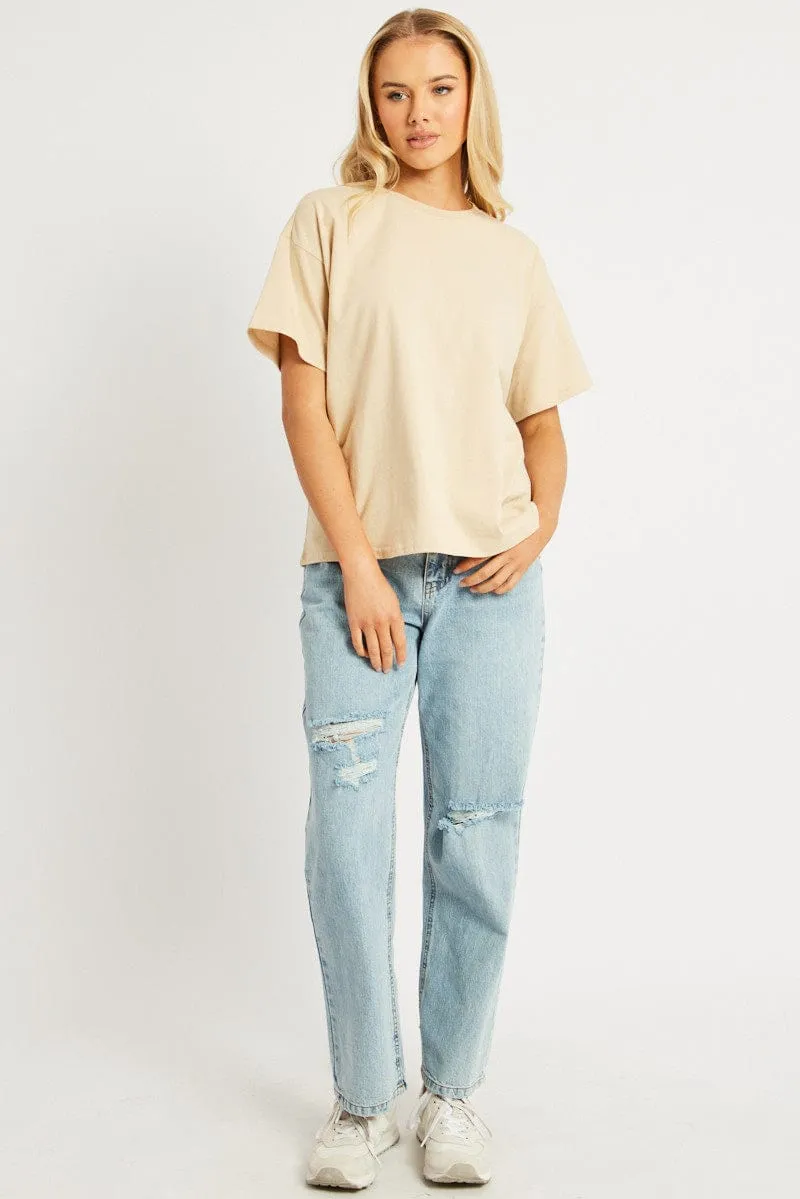 Beige Oversized T Shirt Short Sleeve Crew Neck Boss Vibe