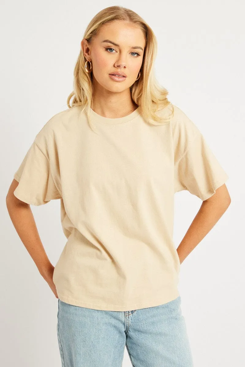Beige Oversized T Shirt Short Sleeve Crew Neck Fashion Layer