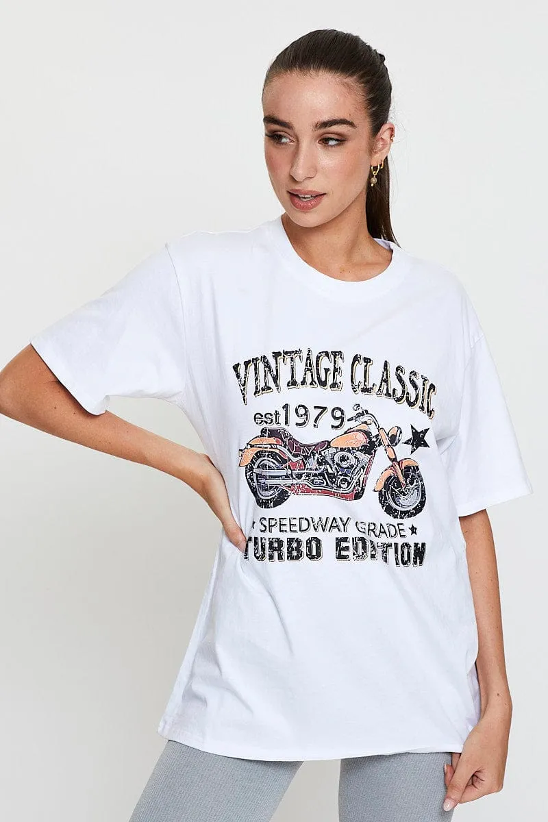 Chafe Free Armhole Practical Wear White Graphic T-Shirt Short Sleeve Oversized