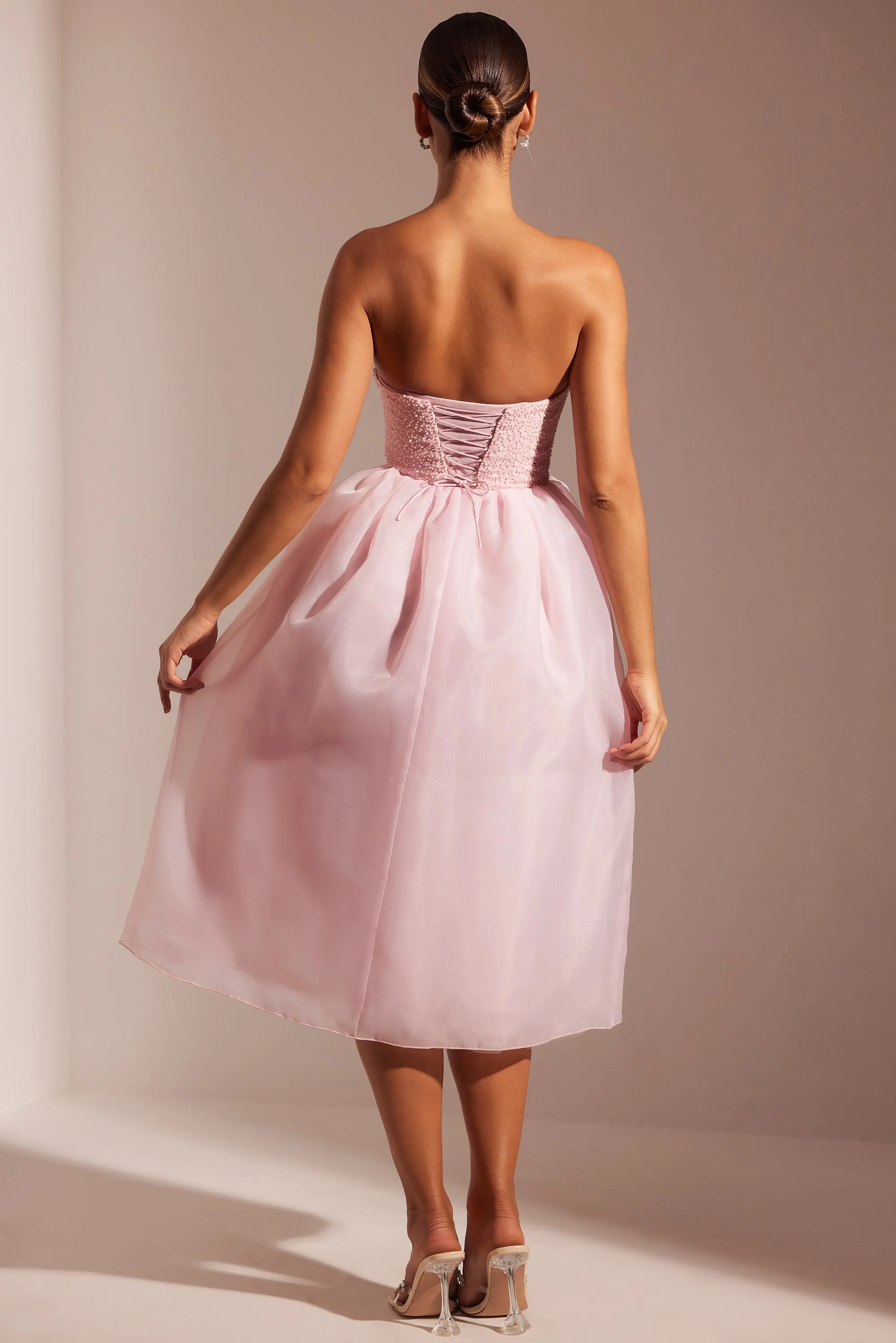 Embellished Corset Tulle Skirt Midi Dress in Blush Vibrant dress for weekend outing