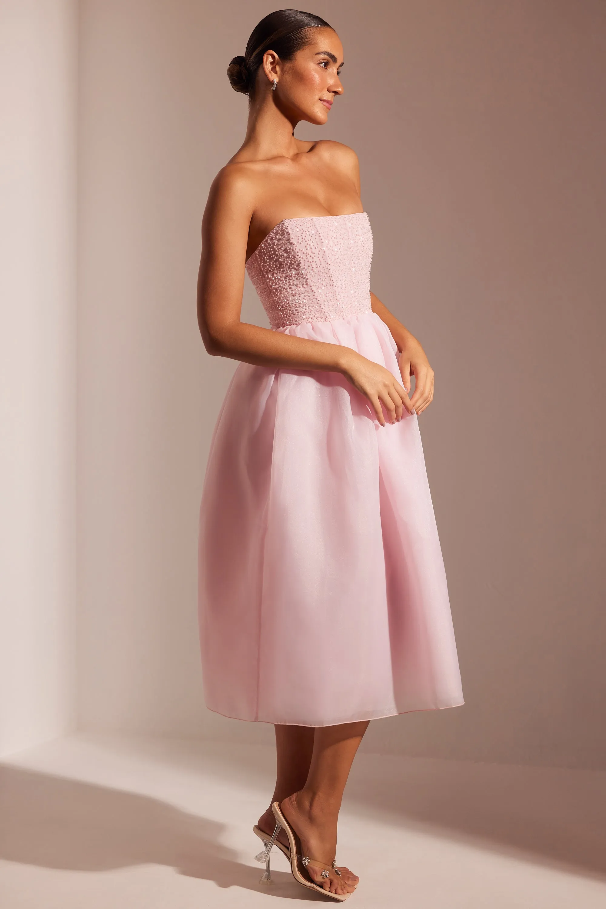 Embellished Corset Tulle Skirt Midi Dress in Blush Chic For Work