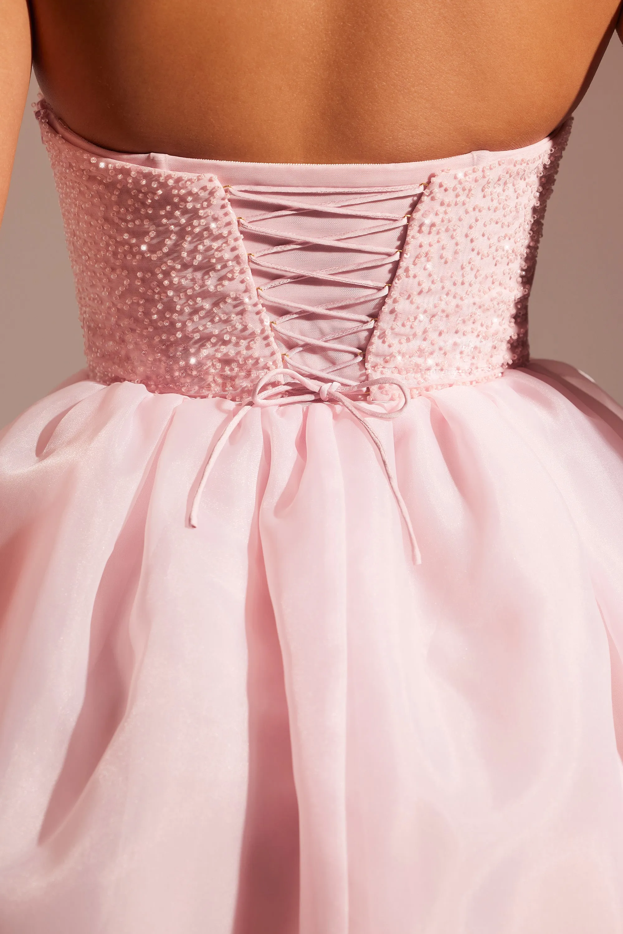 Music Hall Lightweight and breezy gown Embellished Corset Tulle Skirt Midi Dress in Blush