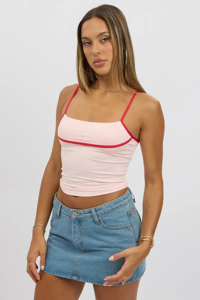 sporty wear Pink Singlet Top Contrast Piping