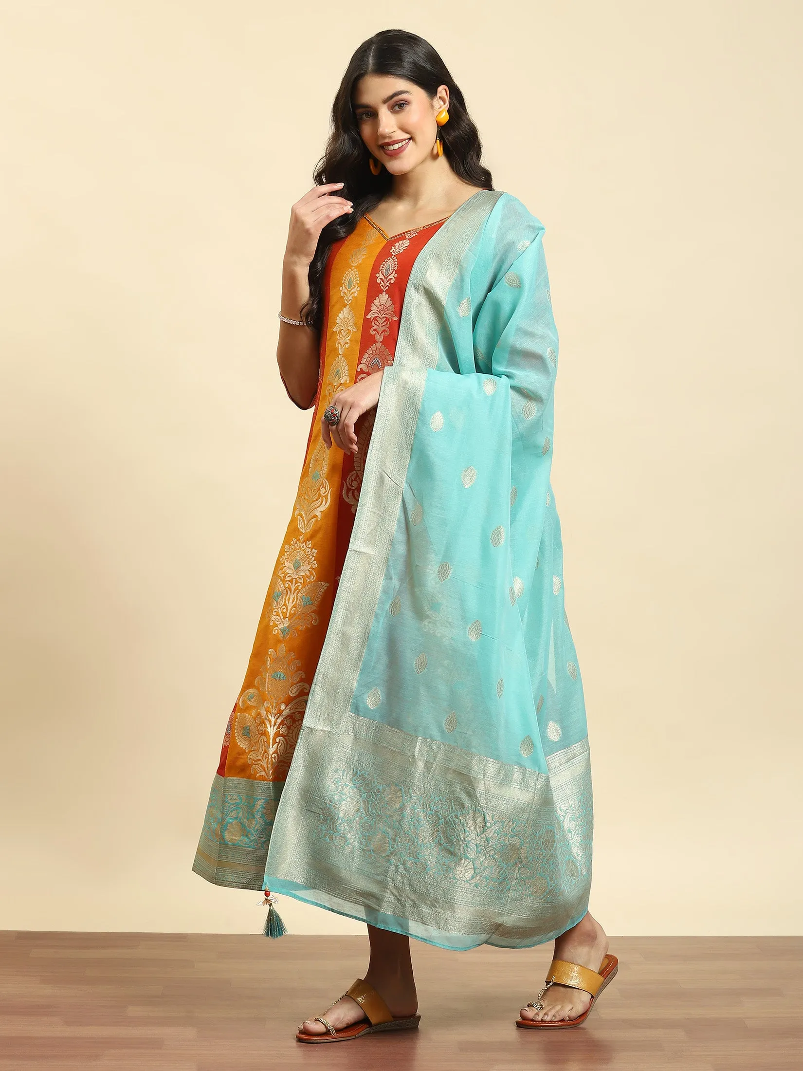 StainRepellentSurface Women Orange Jacquard Dress With Dupatta