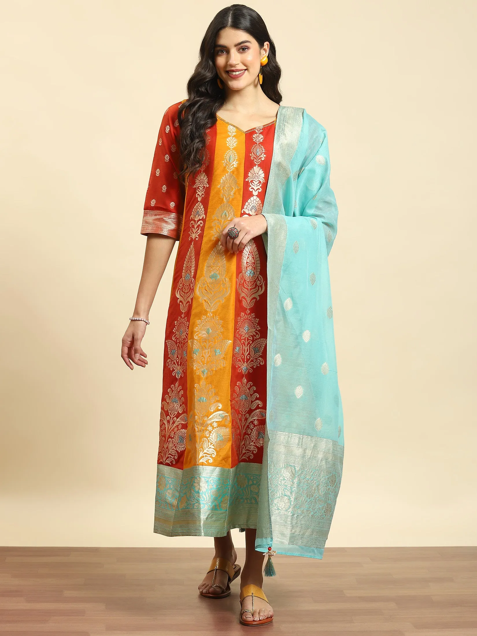 Women Orange Jacquard Dress With Dupatta MeshVentilation