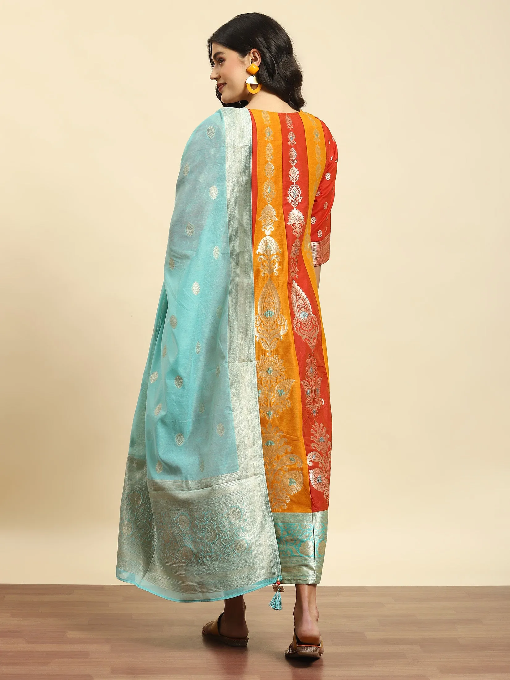 Joyful Mood Women Orange Jacquard Dress With Dupatta