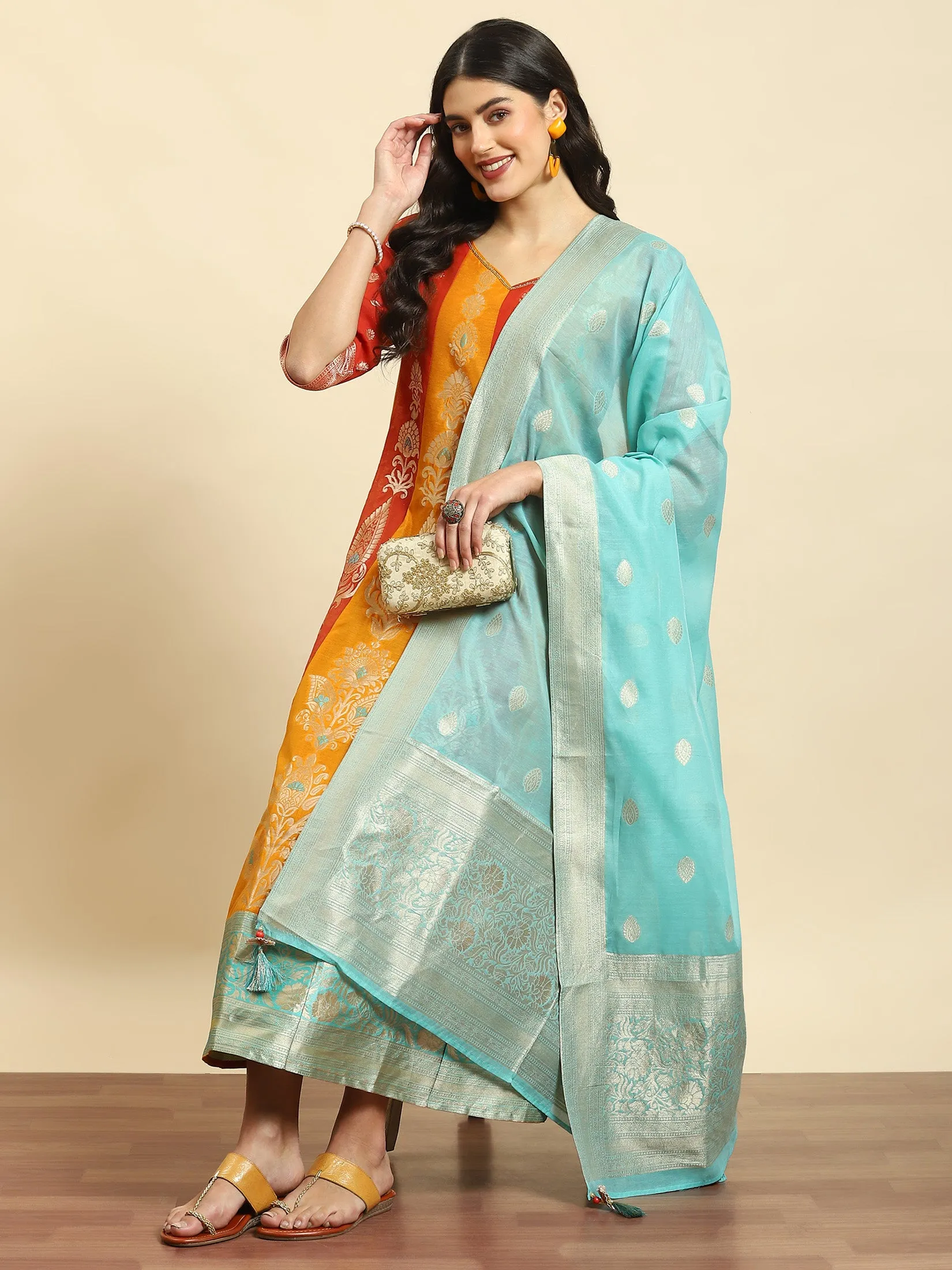 FadeResistant Color Women Orange Jacquard Dress With Dupatta