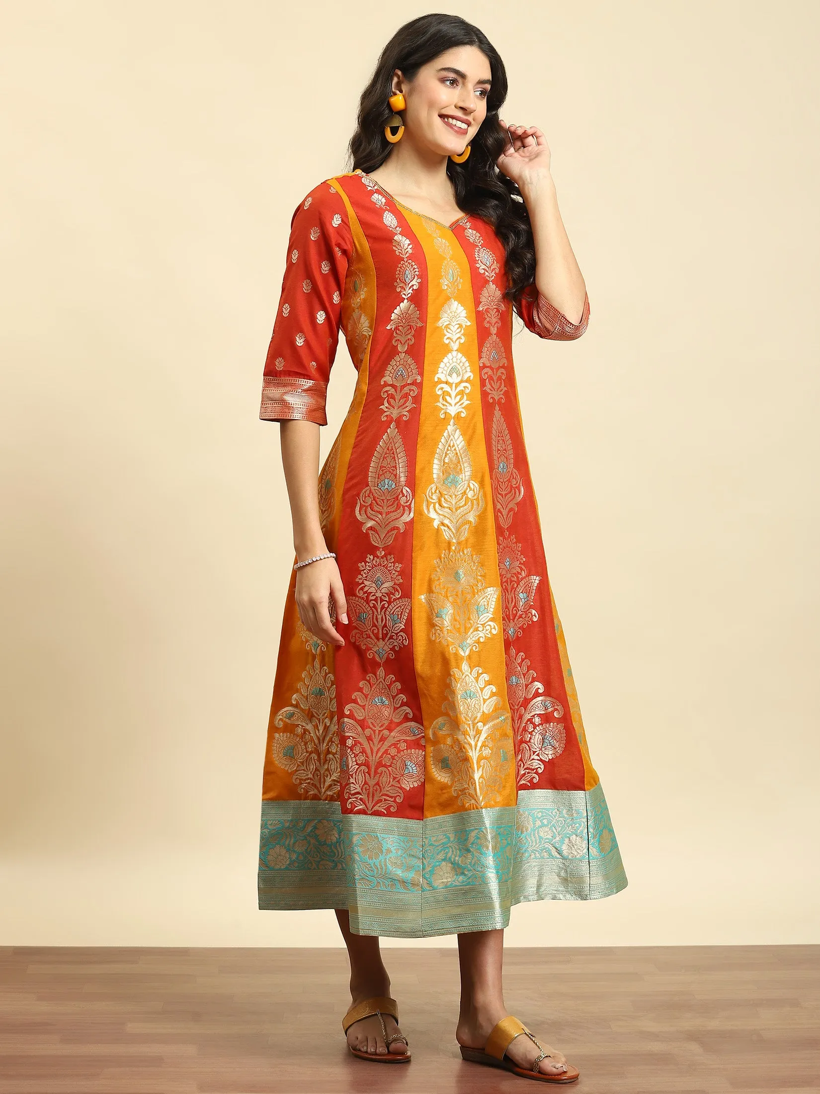 Soft Tunic MoistureWicking Fabric Women Orange Jacquard Dress With Dupatta