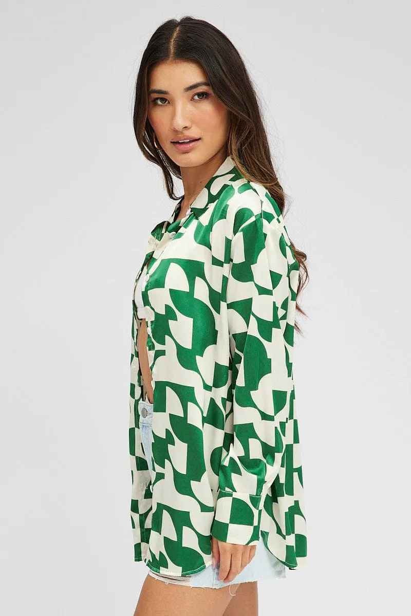 Green Abstract Shirt Long Sleeve Warm Outerwear Tight Core