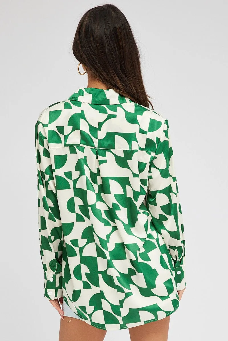 FlexibleElasticity FadeResistant Color Green Abstract Shirt Long Sleeve