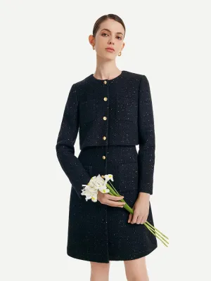 Cozy Wear Tweed Fake Two-piece Tailored Wool Dress