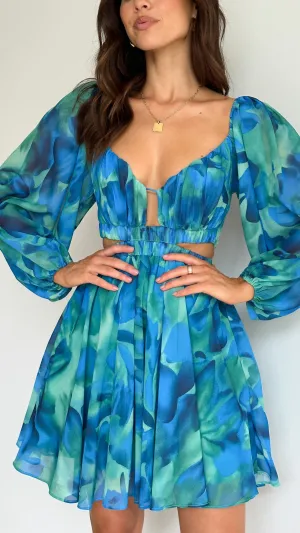 Party Fresh Moisture Wicking Technology Xarissa Mini Dress - Blue / Green Print