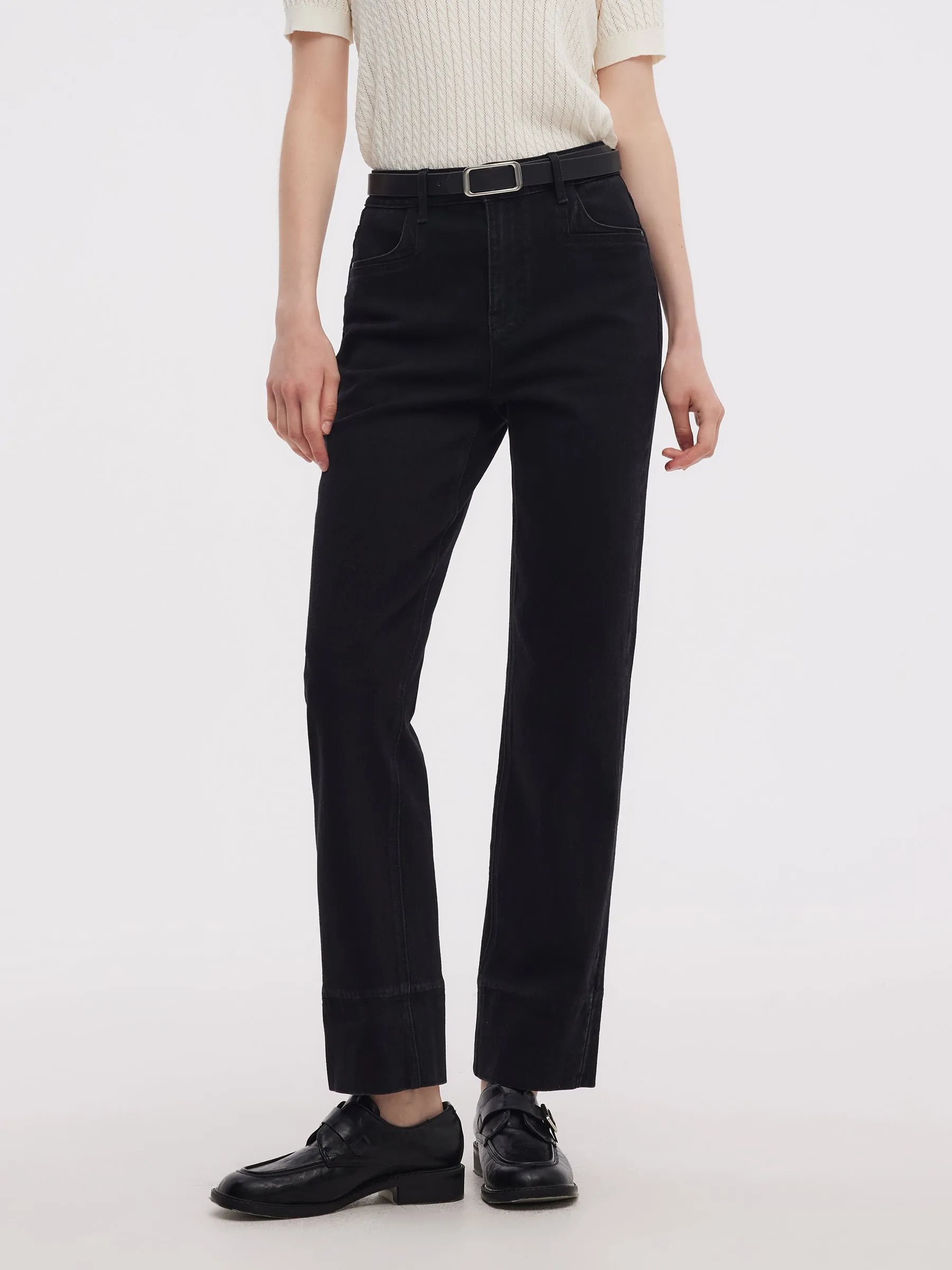 Cotton Denim Women Ankle Length Folded Jeans Family Style Minimalist Style Date Night Soft Finish