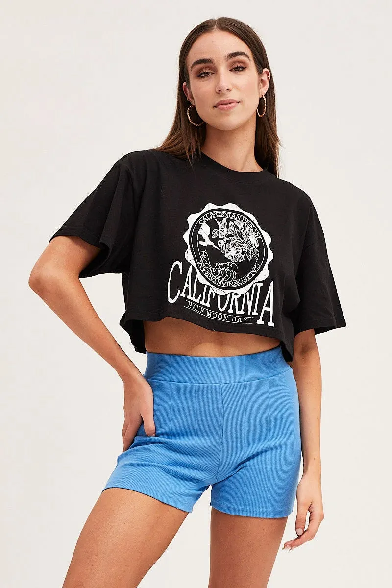 UV protected Black Crew Cropped Graphic T-Shirt