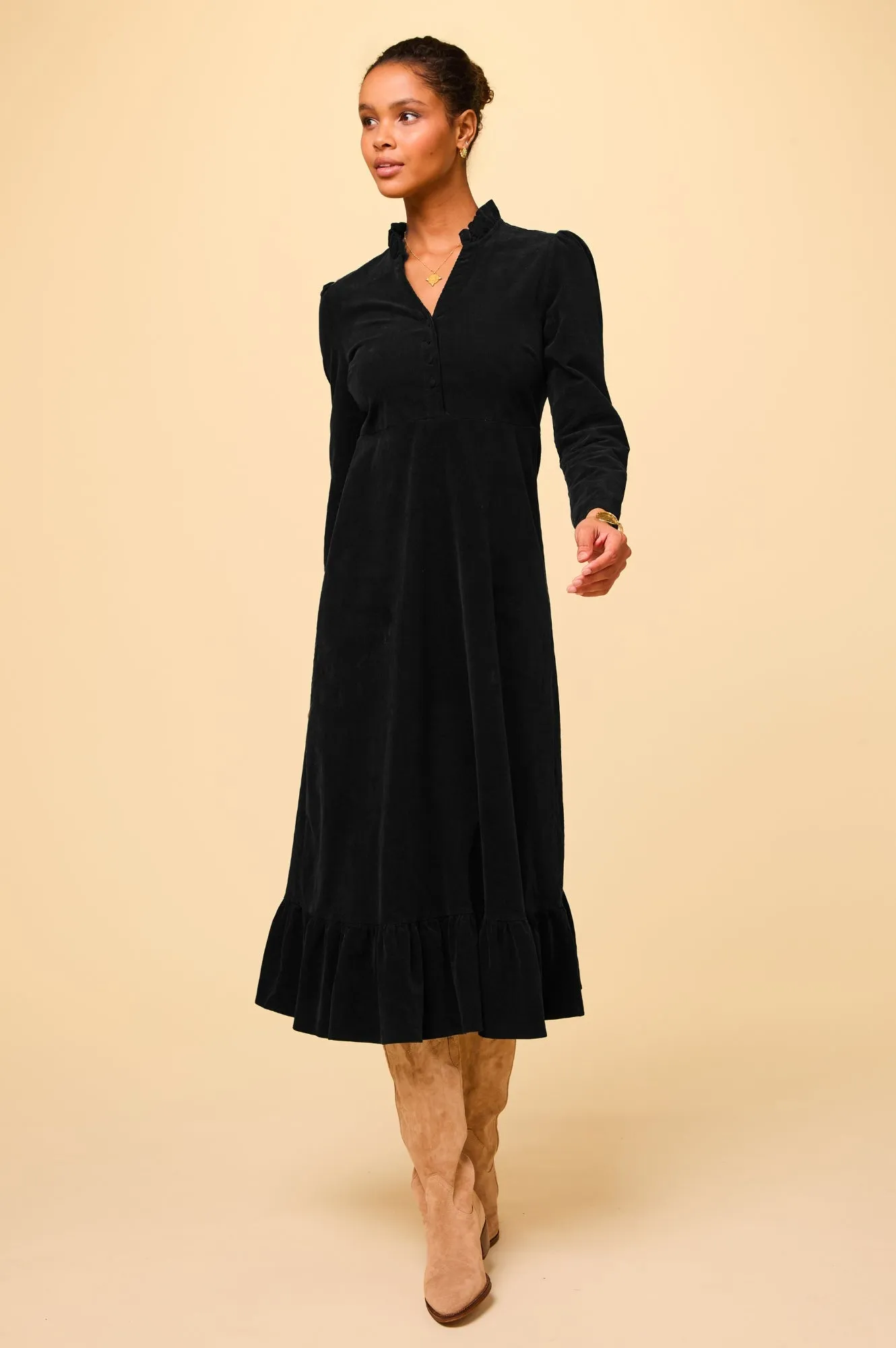 Percy Midi Stretch Corduroy Dress | Black Sophisticated Design