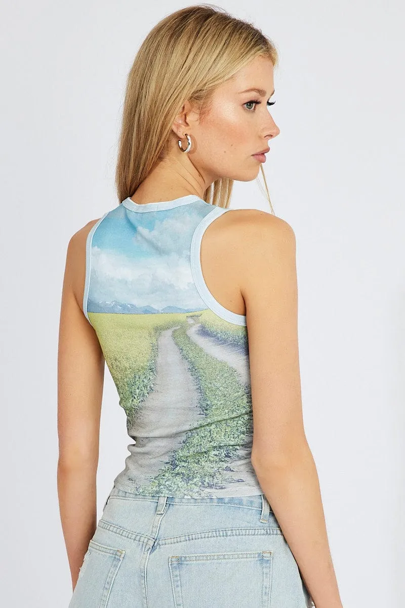 Comfort and Ease Outdoor Style Multi Print Crop Tank Sleeveless Crew Neck