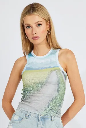 Easy to Style Picnic Multi Print Crop Tank Sleeveless Crew Neck