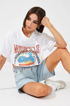 Set In Sleeve Light Wear White Motocross Tee Biker Racing Graphic Crop T-Shirt