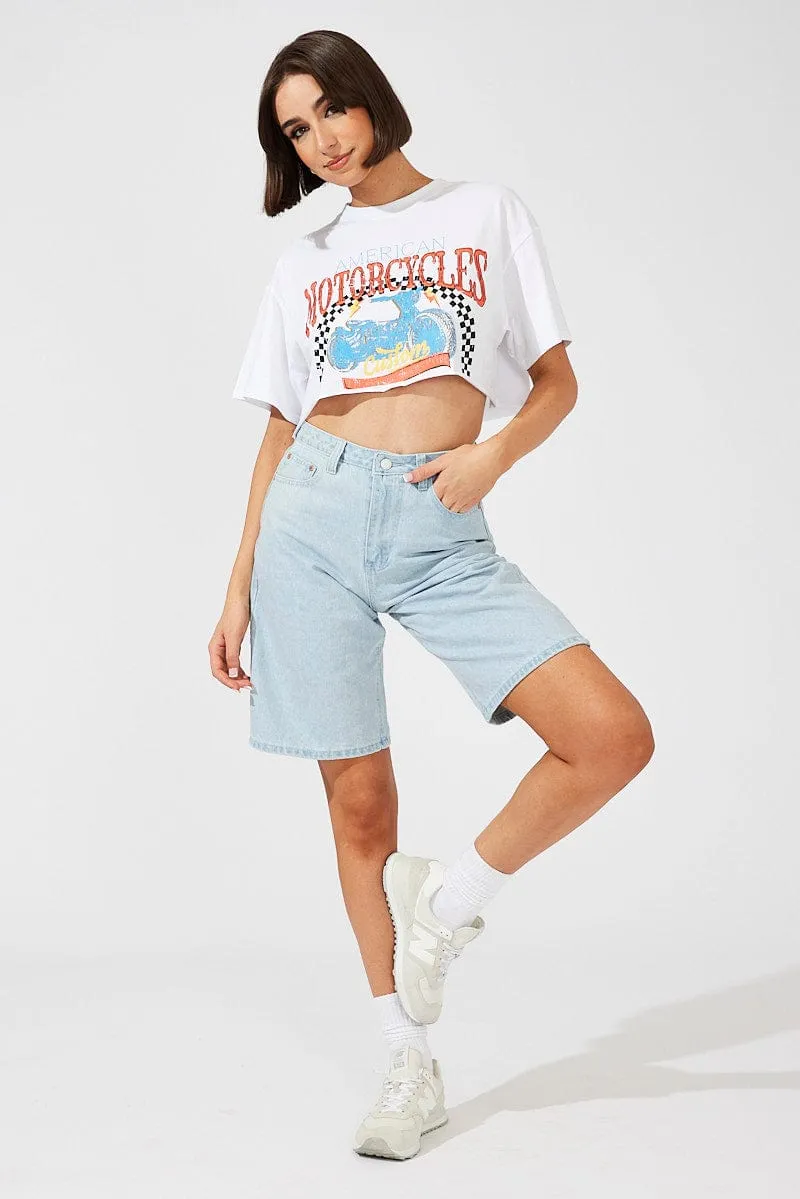 White Motocross Tee Biker Racing Graphic Crop T-Shirt Cool and Comfortable Simple Comfort Wear