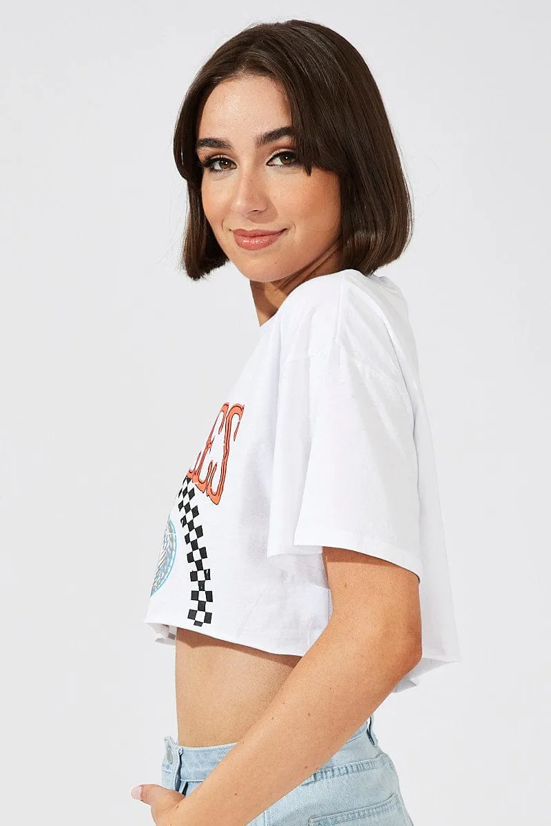 White Motocross Tee Biker Racing Graphic Crop T-Shirt LayeredHemDetails