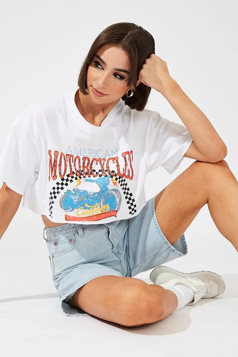 Set In Sleeve Light Wear White Motocross Tee Biker Racing Graphic Crop T-Shirt