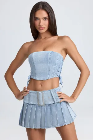 Belted Pleated Low-Rise Micro Mini Skirt in Light Blue Stonewash Abrasion resistant