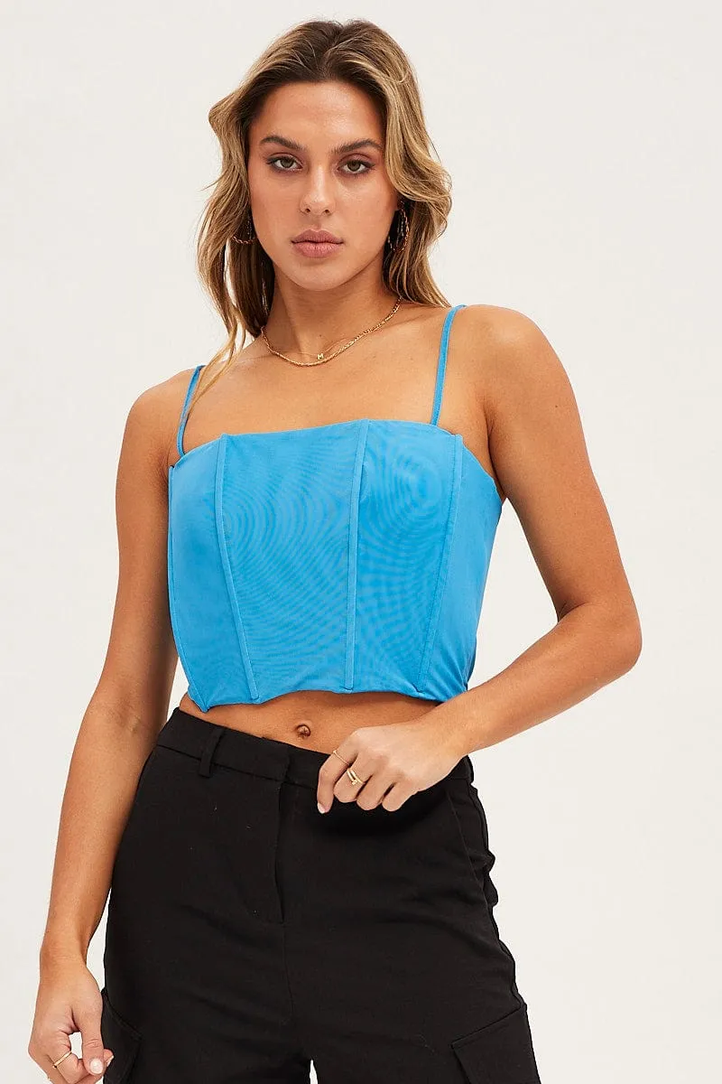 ZeroWasteProduction TearResistant Blue Mesh Sleeveless Corset Detail Singlet Top