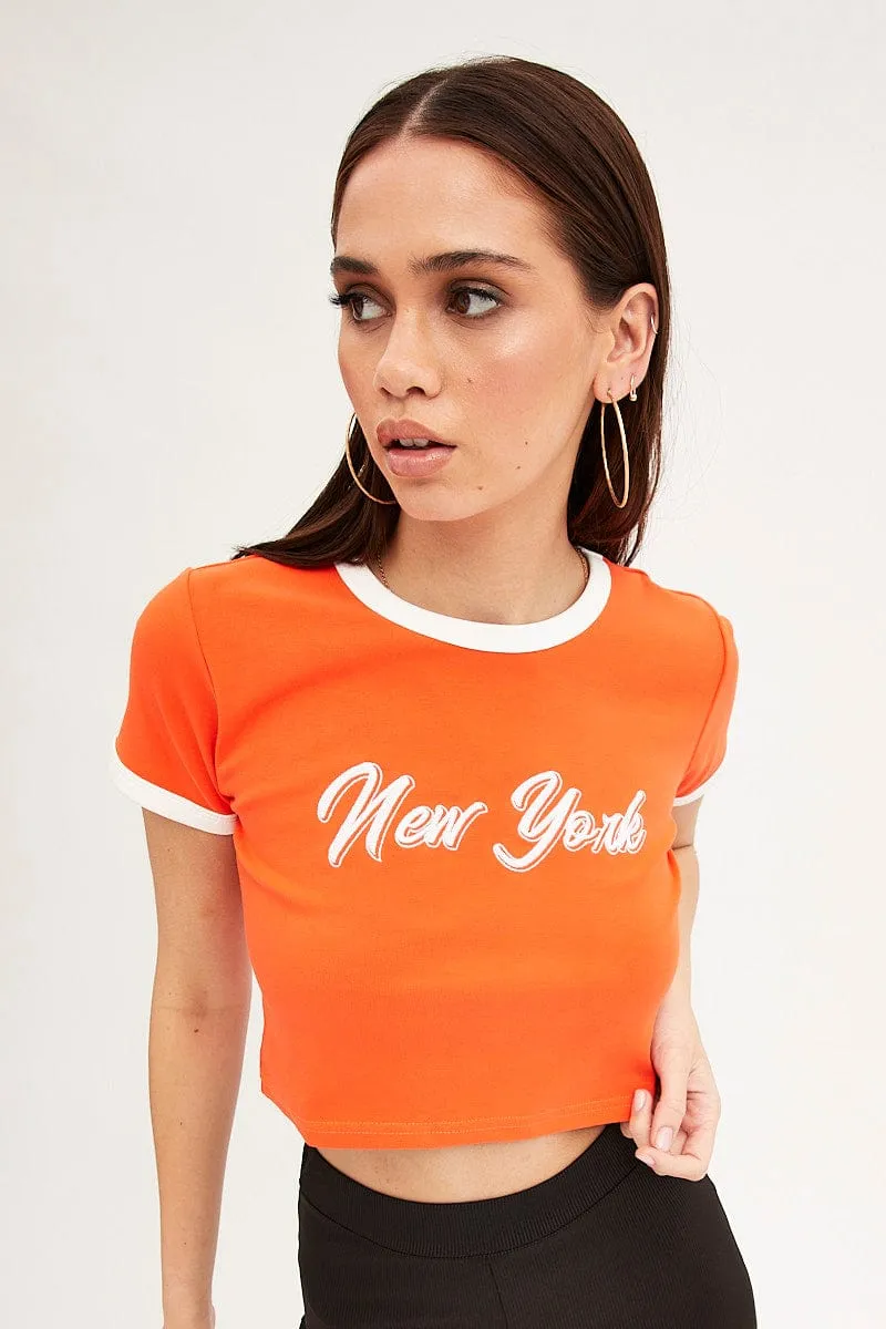Anti Odor Technology Durable Stitching Orange Baby Tee Short Sleeve Crew Neck Crop New York