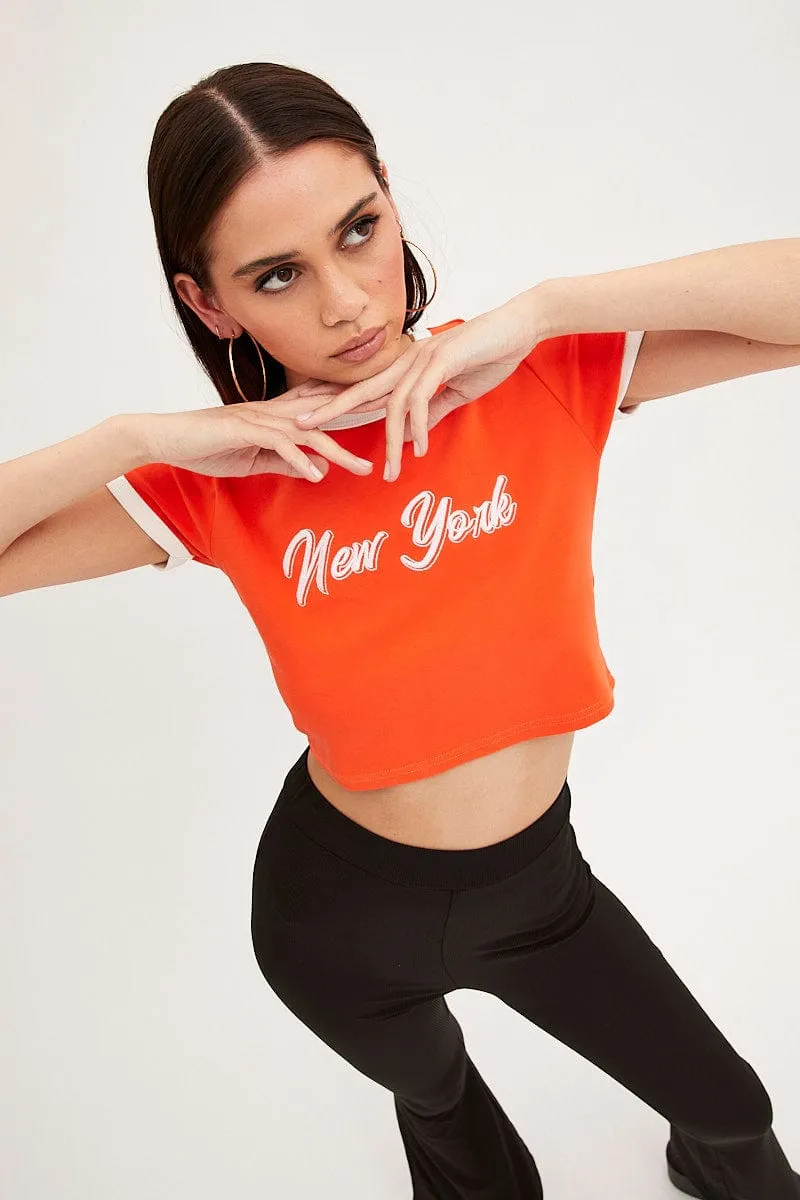 Subtle Details Light Layer Orange Baby Tee Short Sleeve Crew Neck Crop New York