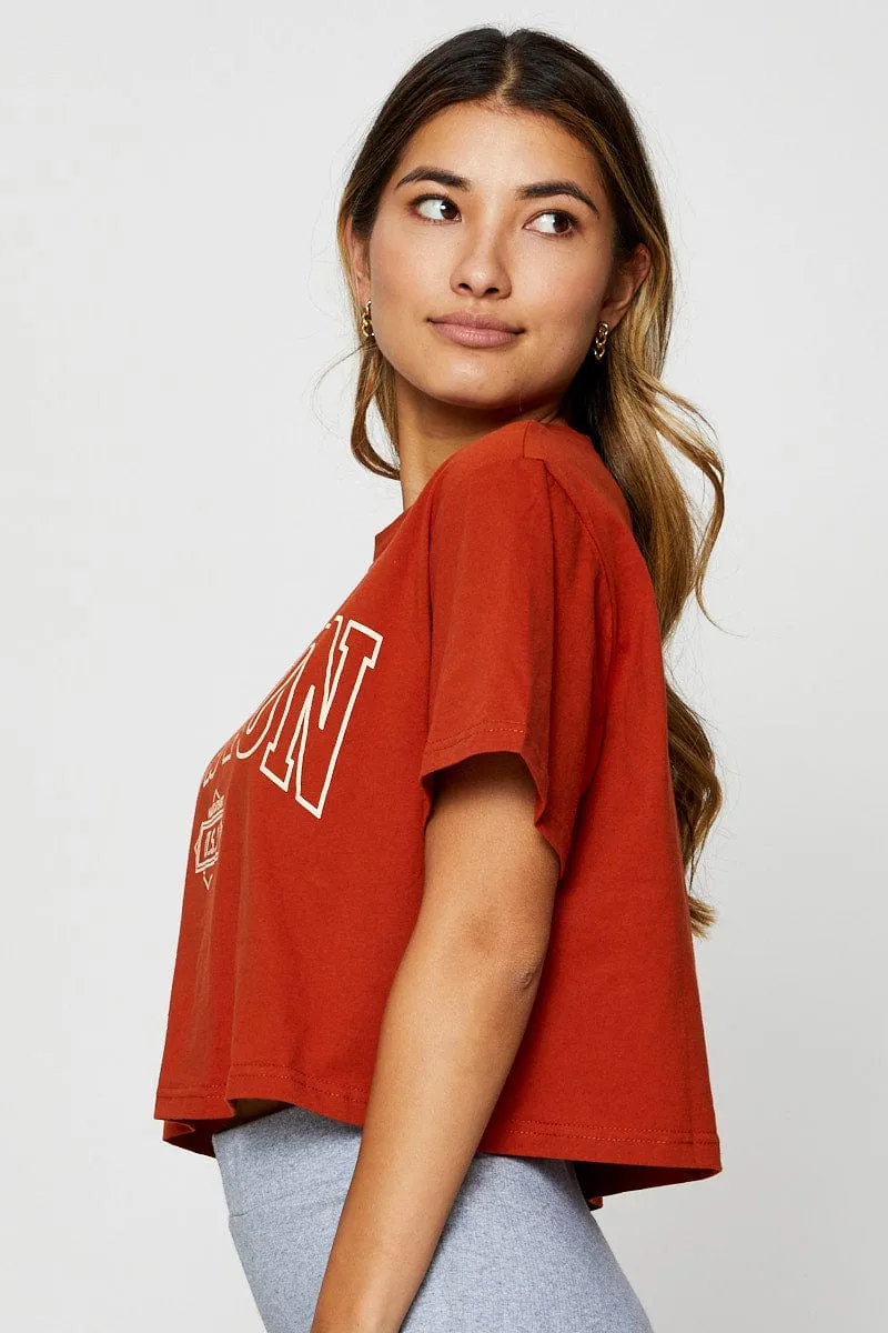 All-Day Fit Windproof Fabric Brown Graphic T-Shirt Short Sleeve Crop