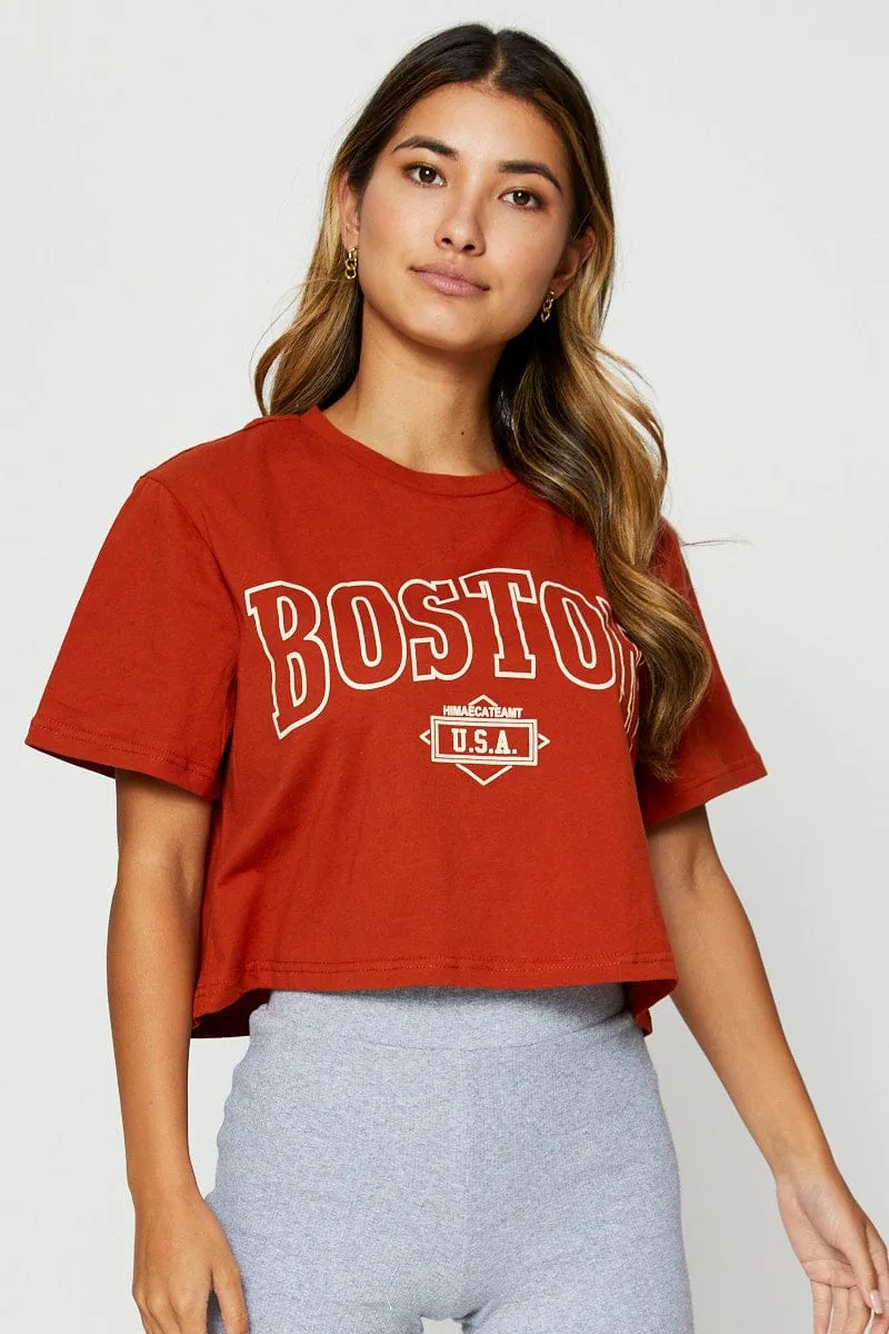 Brown Graphic T-Shirt Short Sleeve Crop Cool Vest