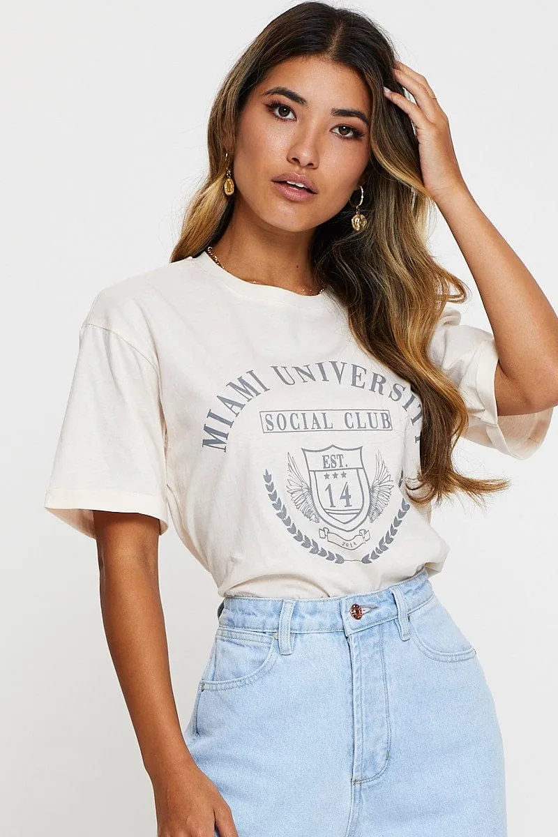 Beige Graphic T Shirt Short Sleeve Active Fashion Laser Cut Edges