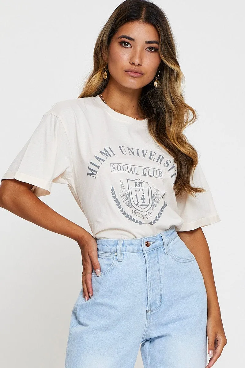 elastic waistband Smart Fashion Beige Graphic T Shirt Short Sleeve