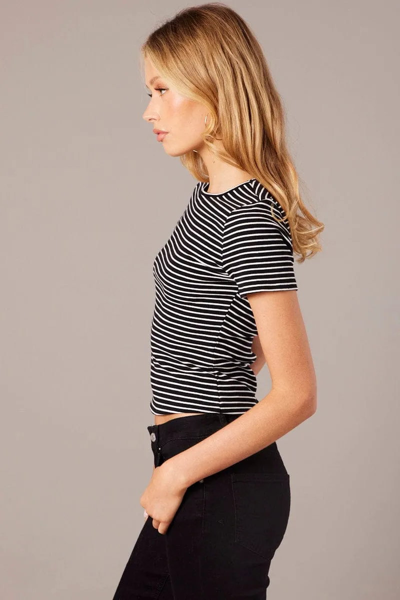 Black Stripe Longline T Shirt Short Sleeve Crew Neck Rib Jersey Antistatic Minimal Design