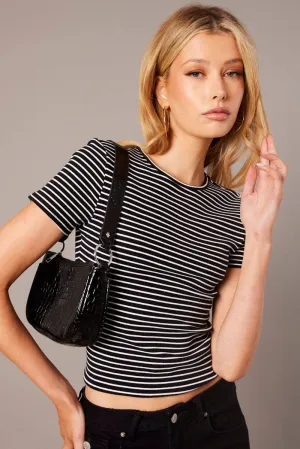 Black Stripe Longline T Shirt Short Sleeve Crew Neck Rib Jersey BreathableFabric