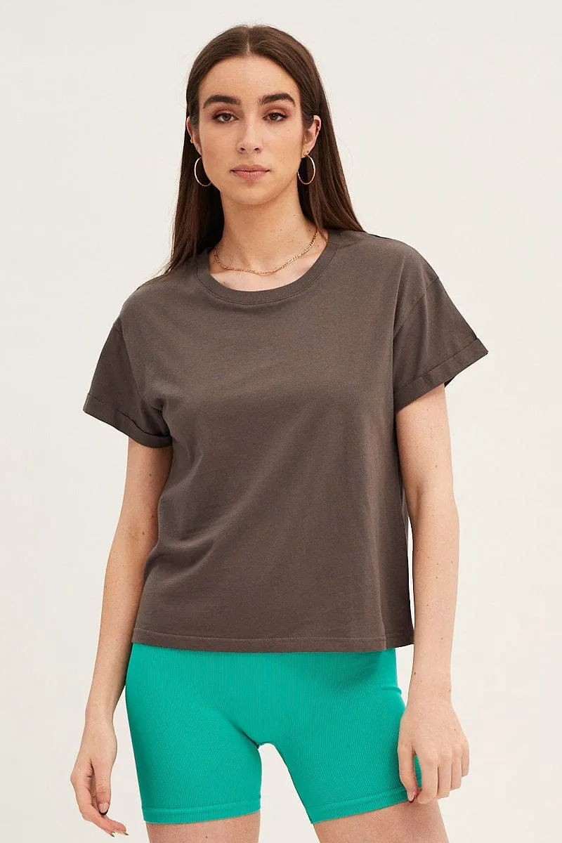 Grey Roll Sleeve Crew Neck Tee Garden Ease