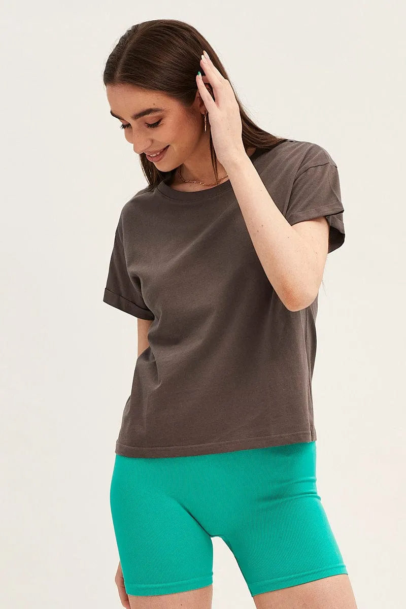 Grey Roll Sleeve Crew Neck Tee Glow Core Flatlock stitching
