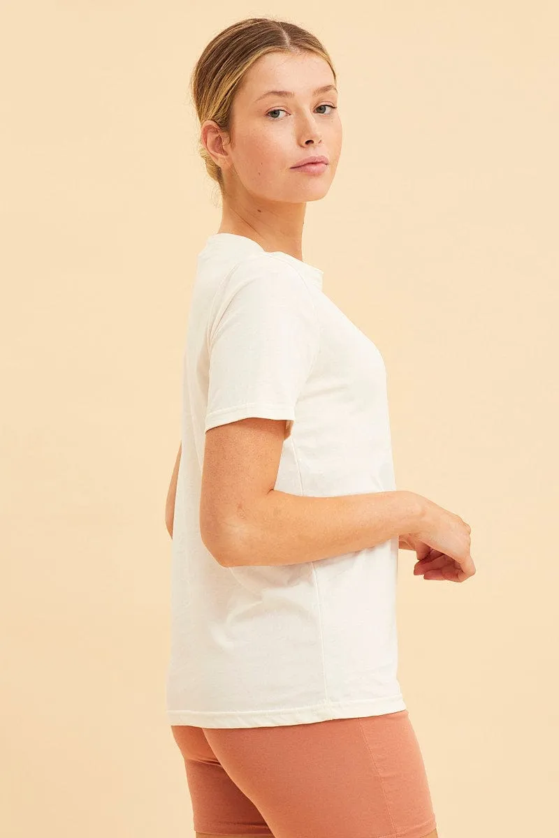Elegant Layer ElasticWaistband White Cotton T-Shirt Crew Neck Regular Fit Cotton
